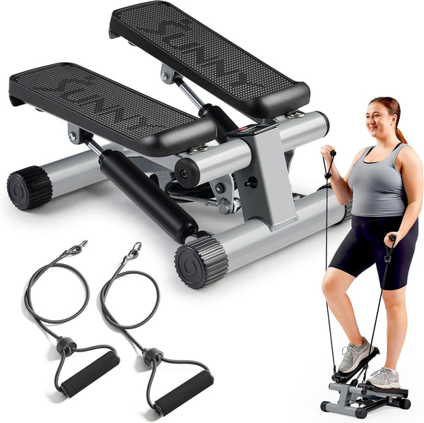 Sunny Health & Fitness Mini Stepper for Exercise at Home, Stair Step Workout Machine with Resistance Band and Over 135KG Weight Capacity, Optional Twist Motion and Free SunnyFit App Connection